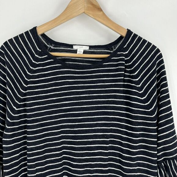 J Jill Sweater Size 1X Blue White Stripe 3/4 Ruffle Sleeve Linen Rayon Boho - Picture 2 of 9